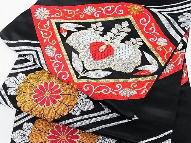 金銀糸 逸品 黒地 平和屋着物◎佐賀錦 色紙花文 価格.com 平和屋着物■六通柄袋帯　唐織　有職華文錦　黒地　金銀糸　鈴乃屋扱い　逸品　未使用　th086