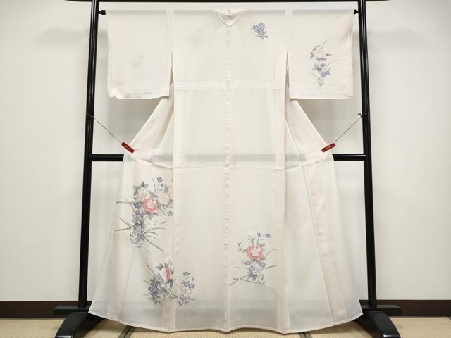長閑やかさ屋御召しもの＊夏物 短い訪問着 絽 刺しゅう 枝花文 銀彩 正絹 珠玉 CABF2456tx