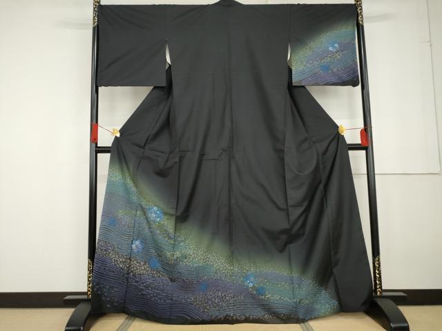 平和屋着物●本場大島紬　染大島　訪問着　絞り　雪輪流水花文　黒地　正絹　逸品　AABG2713cs｜平和屋