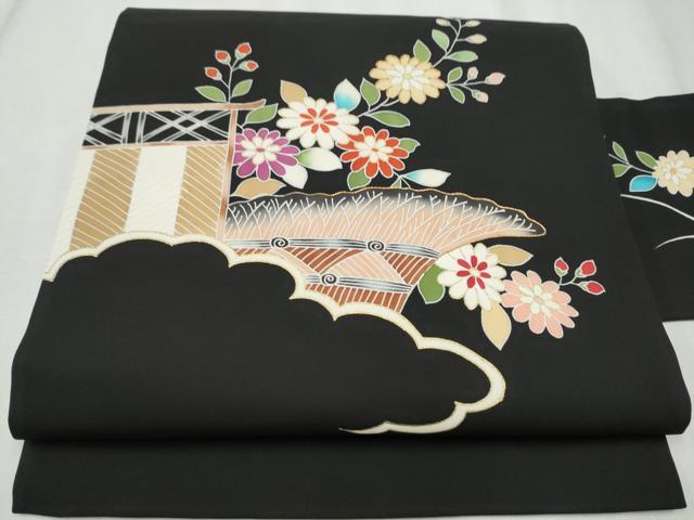 平和屋着物○塩瀬 九寸名古屋帯 駒刺繍 総刺繍 舞楓文 金糸 正絹 逸品