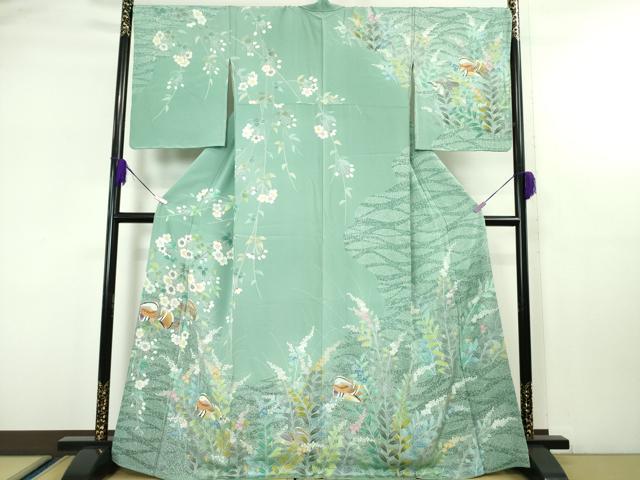 平和屋着物●極上　手描友禅　奥田秀水　訪問着　鴛鴦花文　たたき染め　千草色地　逸品　DZAA4723kh6｜平和屋