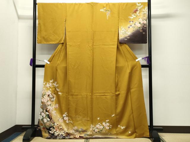長閑やかさ屋お召しもの●短い訪問着 鈴 飛鶴花文 暈し染め 金彩 正絹 珠玉 未当て嵌める CABC8175gh