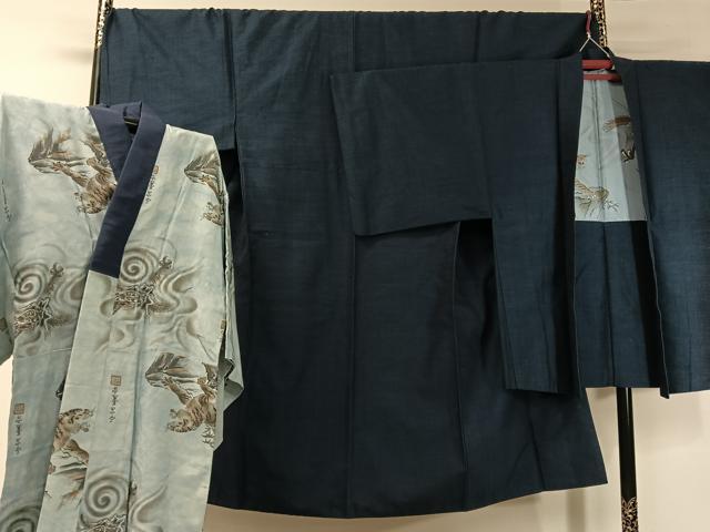 長閑やかさ屋御召しもの●成人男性 紬 合奏団 長襦袢書き割り 濃藍色 やまと誂製 正絹 珠玉 CABC9873vp