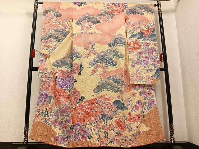 平和屋着物●名門　藤娘きぬたや・総絞り　振袖　孔雀花文　正絹　逸品　AABG5794ph｜平和屋