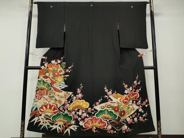長閑やかさ屋御召しもの●アンティーク 大正人情本 黒留袖 駒刺しゅう 松皮菱御所車花文 金彩 正絹 珠玉 CABD7276ut