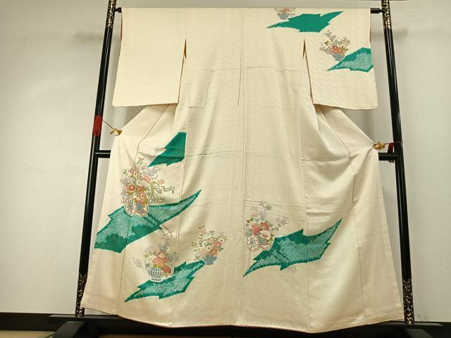 長閑やかさ屋御召しもの●短い訪問着 駒刺しゅう 絞り 顕花植物文 金彩 高島屋取りまわし 正絹 珠玉 AABJ4018fy