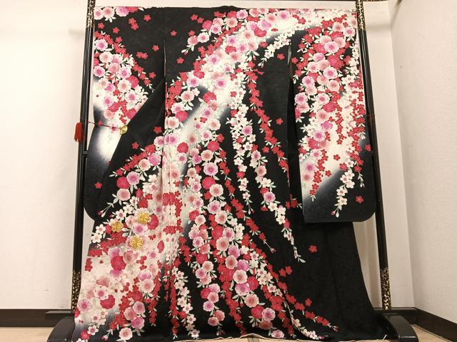 長閑やかさ屋御召しもの●晴れ晴れしい振袖 駒刺しゅう 夜桜 暈し染め 黒地 金彩 正絹 珠玉 AABH3860ph