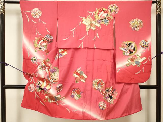 平和屋着物[]七五三　女の子　３歳　祝着　三つ身　鴛鴦　舞蝶花筏文　暈し染め　金銀彩　逸品　DABE7249ma｜平和屋