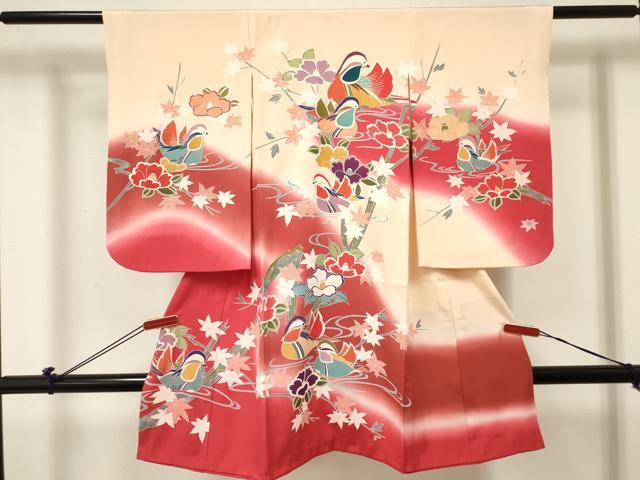長閑やかさ屋御召しもの[]七五三 お嬢さん ３歳 祝着 参身 竜田川 鴛鴦枝椿文 暈し染め 金彩 珠玉 DABE7036ma