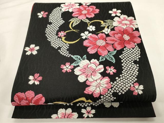 長閑やかさ屋御召しもの●六通柄袋帯 唐織 雪芝花文 黒地 正絹 珠玉 CABG3151dy