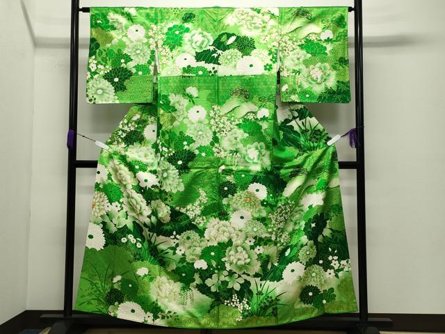 長閑やかさ屋お召しもの●短い訪問着 駒刺しゅう 名取り草花文 金彩 正絹 珠玉 未当て嵌める CABC8177gh