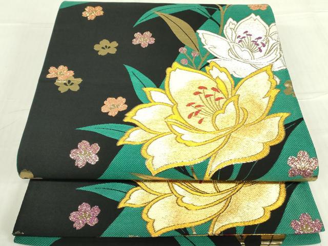 長閑やかさ屋御召しもの●六通柄袋帯 被子植物 舞桜 黒地 現ナマ糸 正絹 珠玉 DABB7840op