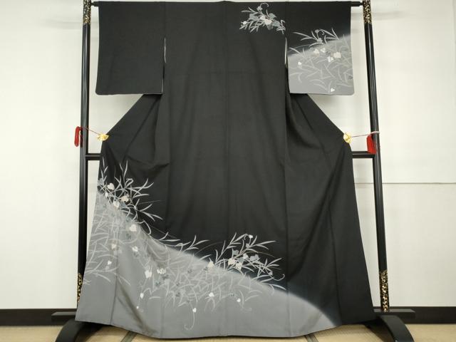 平和屋着物●訪問着 駒刺繍 枝葉文 黒地 金彩 正絹 逸品 AABH3708cs