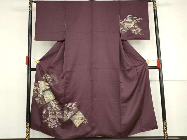 長閑やかさ屋御召しもの●短い訪問着 京見晴らし笹文 金彩 正絹 珠玉 AABJ3695cs