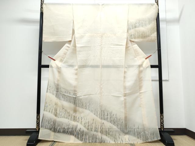 長閑やかさ屋御召しもの＊夏物 短い訪問着 紗紬 草葉文 銀彩 正絹 珠玉 CABH3864th