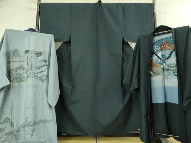 長閑やかさ屋御召しもの■御前上等 成人男性 紬 合奏団 キングサイズ 長襦袢(無双仕立てもの)・長羽織 色無地 濃縮された藍鉄御納戸 珠玉 DZAB1883kh6