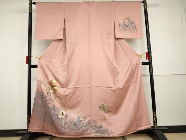 長閑やかさ屋御召しもの▽短い訪問着 単衣 雪輪花唐草 植物影ぼうし 金彩 正絹 珠玉 AABI0089cs