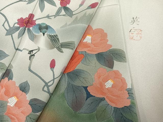 平和屋着物●訪問着　作家物　英正　手描き　花鳥文　暈し染め　正絹　逸品　AABG7524ph｜平和屋
