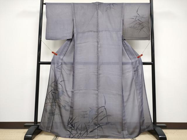長閑やかさ屋御召しもの▽飛び切り 短い訪問着 無双 紗袷 紗×紗 絵描き物 墨付き 白鷺 暈し染め 金彩 濃薄墨色地 珠玉 CYAA4783s6