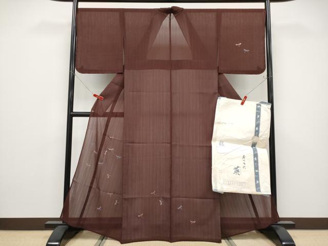 長閑やかさ屋御召しもの＊飛び切り 夏物 洗える最飛び切り御召しもの ＜英＞はなぶさ 短い訪問着 紗 総刺しゅう トンボ 銀糸 黒壇色 反端・たとう紙付 珠玉 未当て嵌める CYAA4789s6