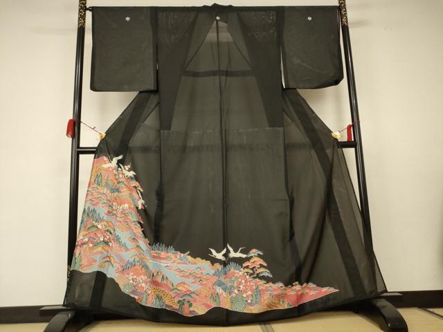 平和屋着物＊夏物 黒留袖 絽 駒刺繍 風景舞鶴文 正絹 逸品 AABC1846jd｜平和屋