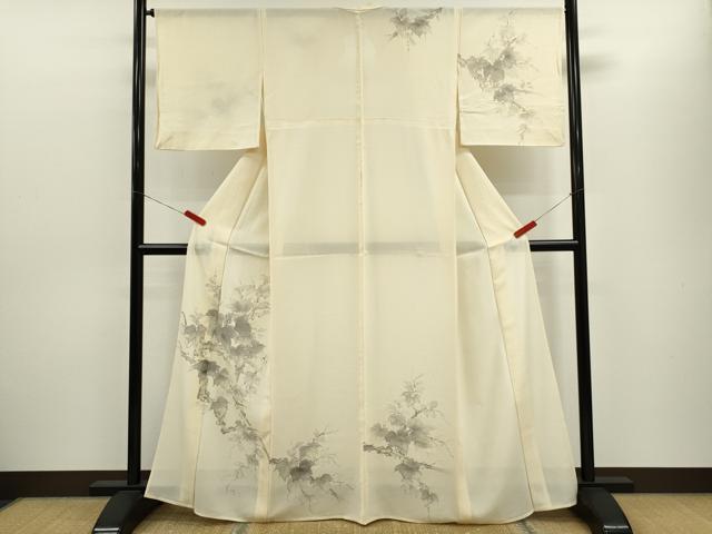 長閑やかさ屋御召しもの＊夏物 短い訪問着 絽 手書き グレープ蔦の葉文 銀彩 正絹 珠玉 CABH7668ze