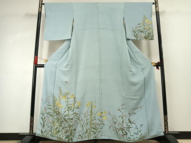 長閑やかさ屋御召しもの●短い訪問着 型染め 花蝶文 鬼しぼクレープ やまと誂製 正絹 珠玉 AABJ4121fy