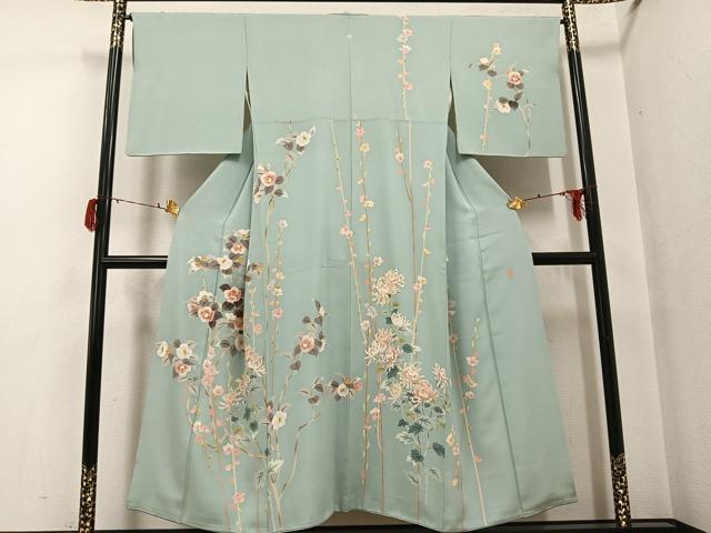 長閑やかさ屋御召しもの●本加賀友禅絵描き 茶谷孝志 短い訪問着 枝花文 正絹 珠玉 AABG7593ph