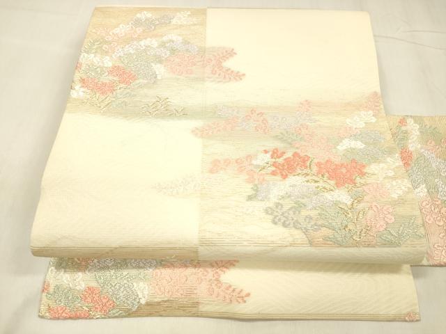 長閑やかさ屋御召しもの＊夏物 九寸名古屋帯 唐織 被子植物文 金糸 三越取りまわし 正絹 珠玉 DABE6001糎