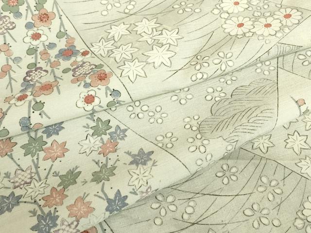 長閑やかさ屋御召しもの▽飛び切りな小紋 単衣 紬地 切嵌め花文様 正絹 珠玉 DABE4703az