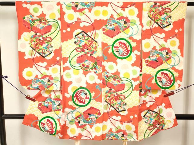 平和屋着物[]七五三　女の子　３歳　祝着　三つ身　花文箱　舞蝶丸文　金彩　逸品　DABE7048ma｜平和屋