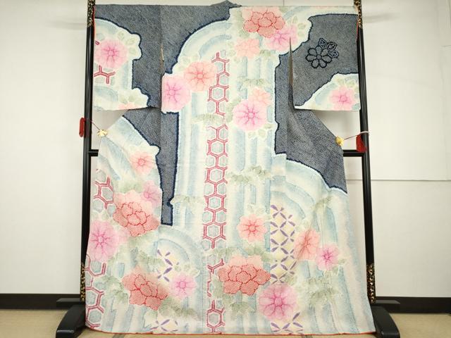 長閑やかさ屋御召しもの●高家 藤娘きぬたや・総絞り 短い訪問着 亀甲被子植物文 暈し染め ロング丈 正絹 珠玉 AABH8908cs