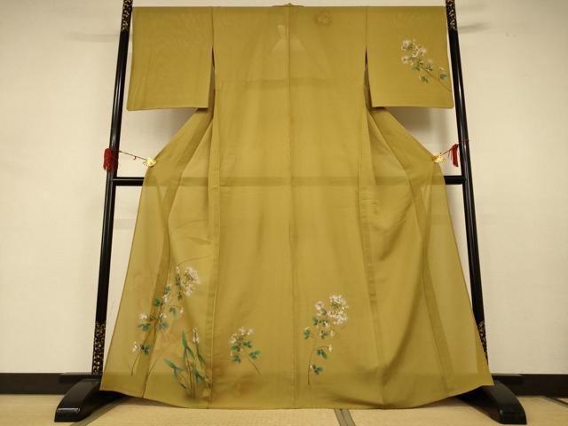 長閑やかさ屋御召しもの＊夏物 短い訪問着 絽 墨付き 被子植物文 金彩 正絹 珠玉 AABD4543jd