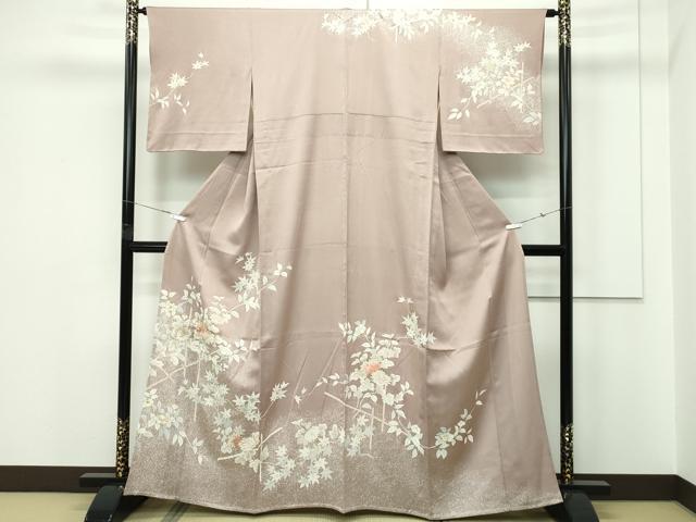 長閑やかさ屋御召しもの▽短い訪問着 単衣 短い訪問着 刺しゅう 被子植物文 たたき染め 金彩 銀煤竹色地 伊勢丹取りまわし 正絹 珠玉 CABF4416rv