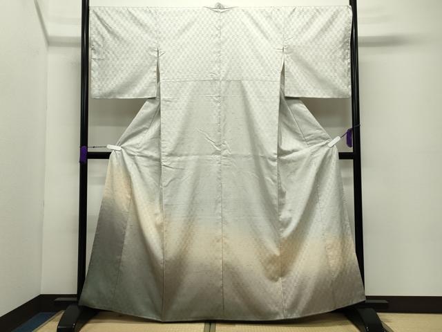 長閑やかさ屋お召しもの●短い訪問着 渦巻きばね紬 市松霞文 正絹 珠玉 CABC8221gh