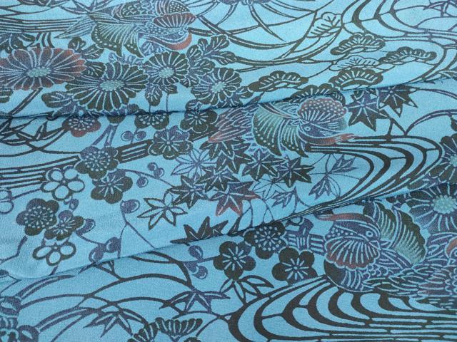 長閑やかさ屋御召しもの▽本藍 型絵染 小紋 単衣 鴛鴦花文 正絹 珠玉 DABE4707az