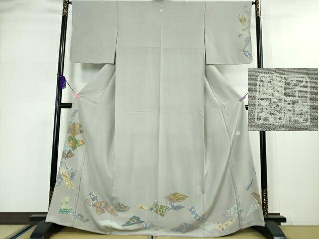 長閑やかさ屋中央局■御前上等 打ち立てる460年・千總 短い訪問着 刺しゅう 呼びもの裂切嵌花鳥文 錫色地 金糸 高島屋取りまわし 珠玉 DZAA5046kh5
