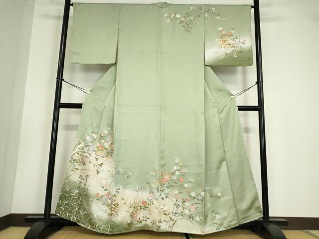 長閑やかさ屋御召しもの●短い訪問着 貝桶花文 暈し染め 金彩 正絹 珠玉 未当て嵌める DABA4718az