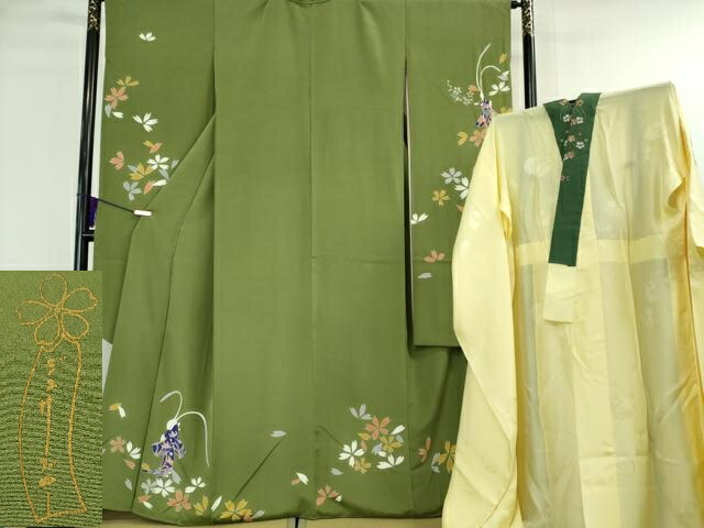 【辻村寿三郎作品】正絹　訪問着 濃緑　刺繍ウサギ　付け下げ　パールトン加工済み 辻村寿三郎作品】正絹 訪問着 濃緑 刺繍ウサギ 付け下げ パールトン