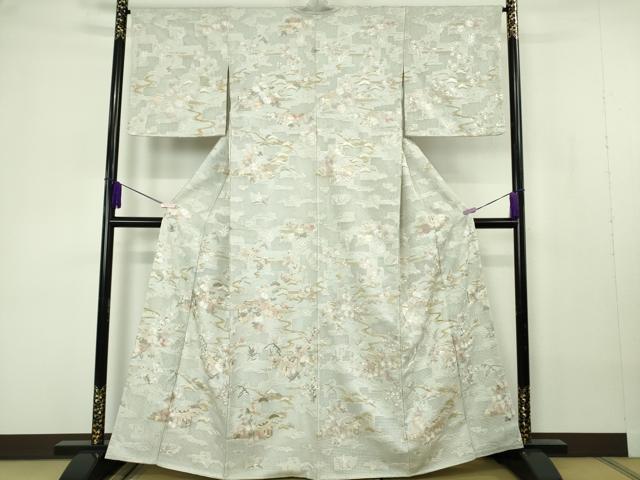 平和屋本店●極上　中国三大刺繍 スワトウ刺繍 汕頭刺繍 総刺繍　訪問着　風景花文　白緑色地　金糸　反端付き　逸品　未使用　DZAB7041kh6｜平和屋