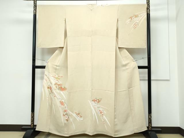 平和屋着物▽訪問着 単衣 駒刺繍 草花文 金彩 鬼しぼ縮緬 枯色地 正絹 逸品 CABF4420rv