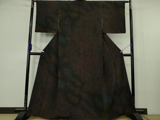 長閑やかさ屋中央局●より良い 前田仁仙 仁仙更紗 短い訪問着 更紗花鳥文 黒セピア色地 鬼しぼクレープ 反端付き添い人 珠玉 未当てはめる DZAB7026kh6