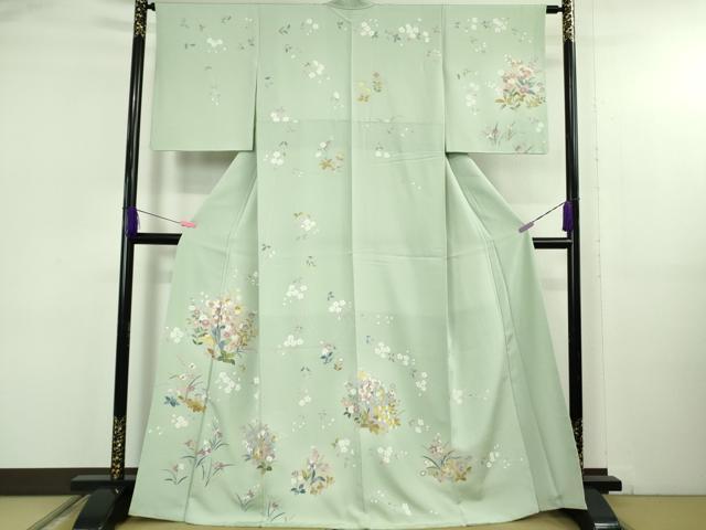 長閑やかさ屋御召しもの●飛び切り 短い訪問着 友禅 被子植物文 柳薄墨色地 暈し染め 珠玉 DZAB5165kh6
