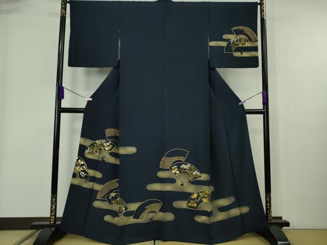 長閑やかさ屋御召しもの●飛び切り 短い訪問着 駒刺しゅう エ霞 扇子花文 濃藍色地 金彩 珠玉 DZAB6319kh6