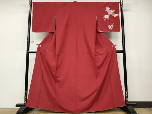長閑やかさ屋お召しもの●短い訪問着 舞花文 緋色 金彩 洗えるお召しもの CABD7436ut 和服-レディースファッション-着物