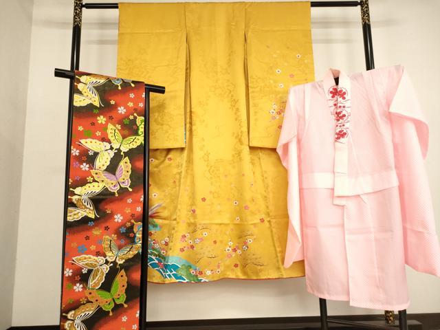 長閑やかさ屋御召しもの[]七五三 うしろ帯 ７歳 祝着 四つ身 長襦袢(無双仕立てもの)・袋帯仕掛ける 松竹梅尾長鳥文 金彩 珠玉 AABD1809ja