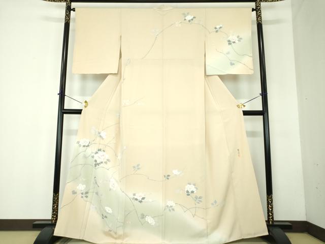 長閑やかさ屋御召しもの●短い訪問着 友禅 絵書き物 枝花文 ひと休み鳥 暈し染め 正絹 珠玉 DABF7799ps