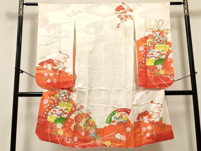 長閑やかさ屋御召しもの[]七五三 お嬢さん ７歳 祝着 四つ身 駒刺しゅう 松竹梅 檜扇花文 現ナマ彩 DABE7229ma