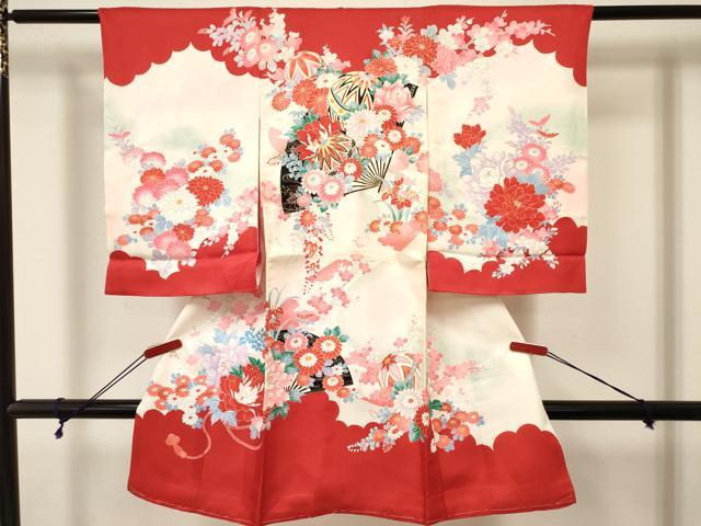 平和屋着物[]お宮参り　女の子　祝着　産着　初着　のしめ　扇面鞠花文　暈し染め　金彩　逸品　未使用　DABA3914ma｜平和屋