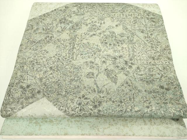 長閑やかさ屋御召しもの●石川県任じる無形文化財 牛首紬 白山仕事場 手織り 膜鳴楽器柄袋帯 顕花植物文 金彩 正絹 珠玉 DABB7739op